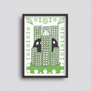 Just Right There - Grün - A3 Giclée Druck - Wandkunst - Surrealistische Monster Stadtansicht Pop Art