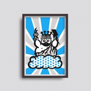 Zeus - Blau & Merkur - A3 Giclée Druck - Wandkunst - Pop Surrealismus Griechischer Gott Pop Art