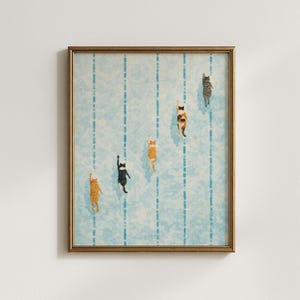 May include: Framed art print featuring six cats climbing on a light blue background with vertical blue dashed lines. The cats are various colors, including orange, black, and calico. The frame is a gold color.