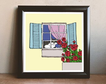 Cat and Roses in the Window Print, Cat Illustration Poster, Cat Wall Art, Pet Gift, Animal Wall Art, Instant Digital Download, 8x10, 10x10