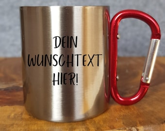 Personalized stainless steel mug with desired text - stainless steel cup - carabiner hook - outdoor - travel - camping - hiking - 220ml - 330 ml