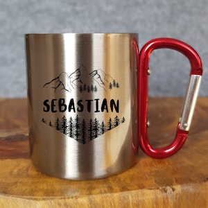 Personalized outdoor mug with carabiner hook