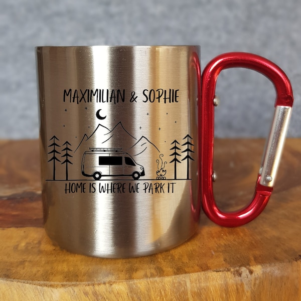 Personalisierbare Tasse - Emaille - Edelstahl - Bergsilhouette - Outdoor - Wandern - Geschenk - Karabiner