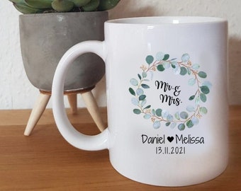 Hochzeitstasse - Wedding - Hochzeit - Tasse - personalisiert - mr & mrs - Geschenk - Verlobung - Hochzeitsdatum - Hochzeitstag - Eukalyptus