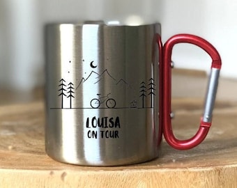 Customizable Cup - Stainless Steel - Bike - Name on tour - Outdoor - Hiking - Gift - Carabiner - Landscape