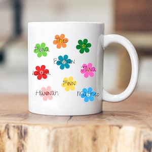Taza personalizable - flores - nombres de los niños - maestra - gracias - regalo despedida - esmalte - cerámica - regalo - niñera