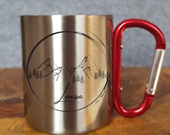 Customizable Mug - Enamel - Stainless Steel - Mountain Silhouette - Outdoor - Hiking - Gift - Carabiner