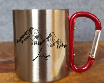 Personalisierbare Tasse - Emaille - Edelstahl - Bergsilhouette - Outdoor - Wandern - Geschenk - Karabiner