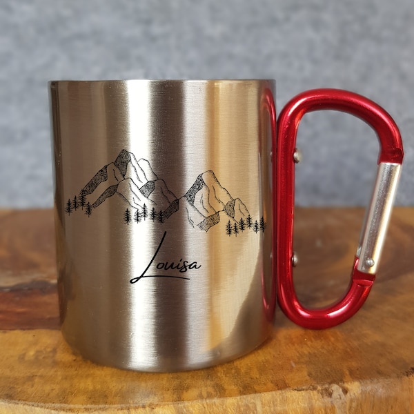 Personalisierbare Tasse - Emaille - Edelstahl - Bergsilhouette - Outdoor - Wandern - Geschenk - Karabiner