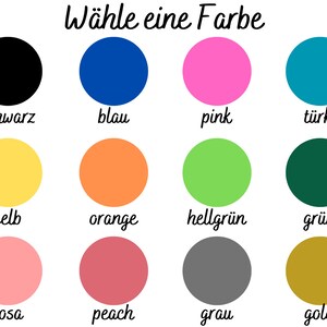 May include: A chart with 12 colored circles, each labeled with a color name in German. The colors are black, blue, pink, turquoise, yellow, orange, light green, green, pink, peach, gray, and gold.