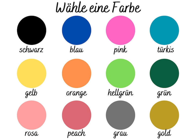 May include: A chart with 12 colored circles, each labeled with a color name in German. The colors are black, blue, pink, turquoise, yellow, orange, light green, green, pink, peach, gray, and gold.