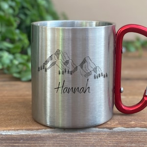 Personalized Mug - Enamel - Stainless Steel - Mountain Silhouette - Outdoor - Hiking - Gift - Carabiner