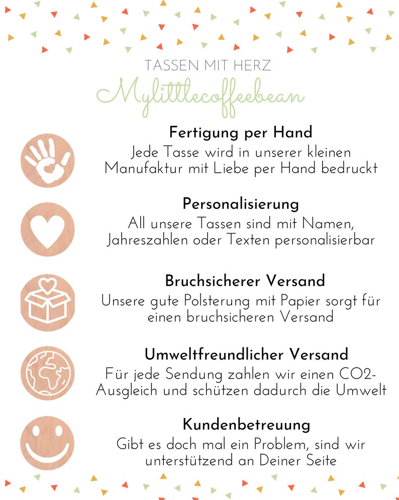 K&ouml;nnte beinhalten: Eine Grafik mit einem gr&uuml;n-wei&szlig;en Logo, das "Mylittlecoffeebean" sagt, und Text, der "Tassen mit Herz" sagt. Die Grafik enth&auml;lt auch f&uuml;nf Symbole: einen Handabdruck, ein Herz, eine Schachtel mit einem Herzen darin, einen Globus und ein Smiley. Der Text unter jedem Symbol beschreibt die Dienstleistungen des Unternehmens, darunter handgefertigte Tassen, Personalisierung, sicherer Versand, umweltfreundlicher Versand und Kundenservice.