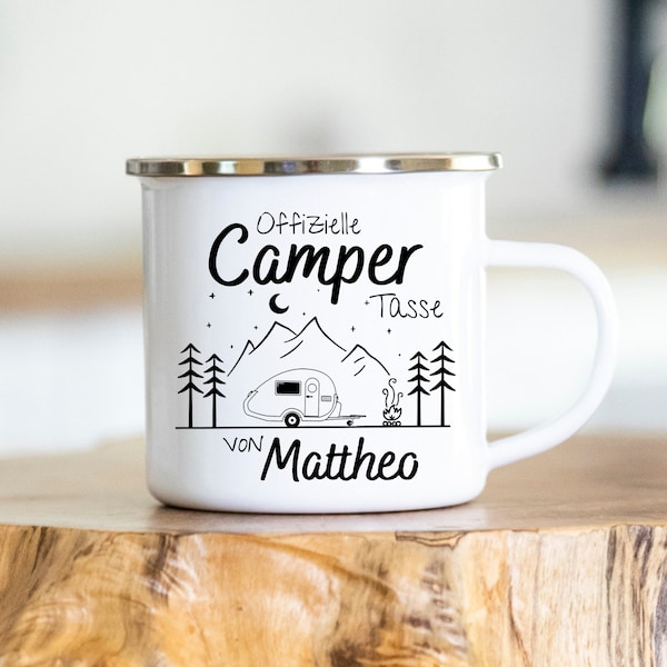 Personalisierbare Tasse - Emaille - Edelstahl - Bergsilhouette - Outdoor - Wandern - Geschenk - Camper