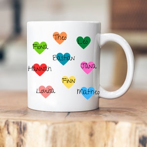 Taza personalizable - corazones - nombres de los niños - maestra - gracias - regalo despedida - esmalte - cerámica - regalo - niñera