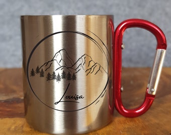 Customizable Mug - Enamel - Stainless Steel - Mountain Silhouette - Outdoor - Hiking - Gift - Carabiner