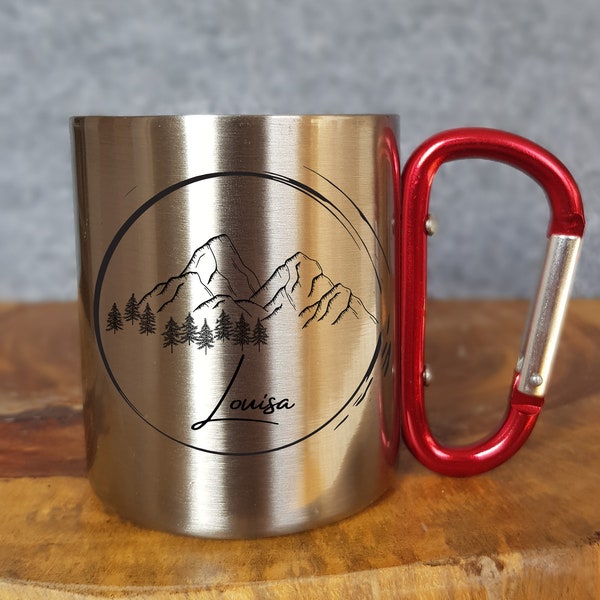 Mug personnalisable - Émail - Acier inoxydable - Silhouette de montagne - Extérieur - Randonnée - Cadeau - Mousqueton