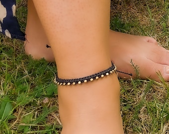 Tobillera negra hecha a mano con cuentas • Joyería boho chic • Pulsera de tobillo ajustable • Joyería corporal • Accesorios de playa
