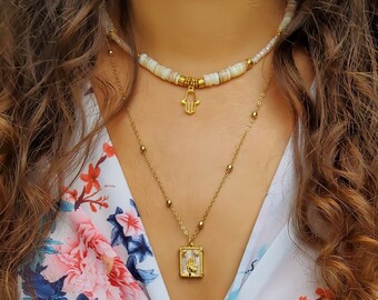 Gargantilla de conchas de agua dulce • Conjunto de collar de cuentas • Joyería en capas • Estilo boho chic de verano • Regalo para ella