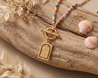 Collar de cuentas de colores • Joyería dorada con cierre de palanca • Sol y luna • Bañado en oro de 18k • Joyería de verano