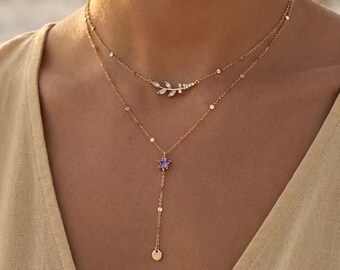 Collar delicado de oro con dije de flor • Collar en Y • Joyería de cristal • Joyería minimalista • Regalo para ella