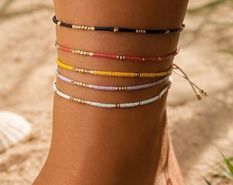 Tobillera de semillas de Miyuki con cuentas • Pulseras tobilleras apilables de oro • Joyería delicada para la playa • Conjunto de capas