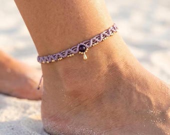 Tobillera de macramé con amatista • Pulsera de tobillo boho con piedras preciosas • Joyería corporal • Accesorios de playa