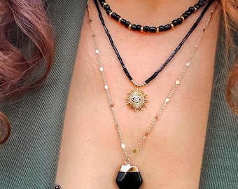 Collares de capas negras con cuentas • Collar del ojo turco • Bañado en oro de 18k • Estilo bohemio chic • Joyería de verano