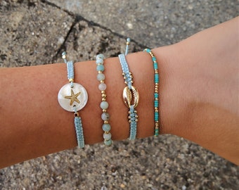 Pulseras artesanales estilo boho chic • Conchas de cauri y estrellas de mar • Joyería corporal playera • Pulseras apilables