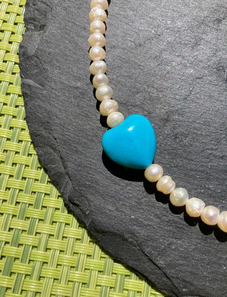 Freshwater pearl /'AGAPI/' necklace turquoise coloured stone heart colourful blue Miyuki glass beads VivinouJewellery Vivinou