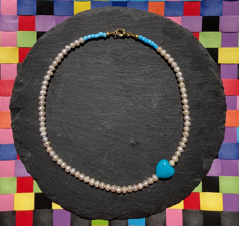 Freshwater pearl /'AGAPI/' necklace turquoise coloured stone heart colourful blue Miyuki glass beads VivinouJewellery Vivinou