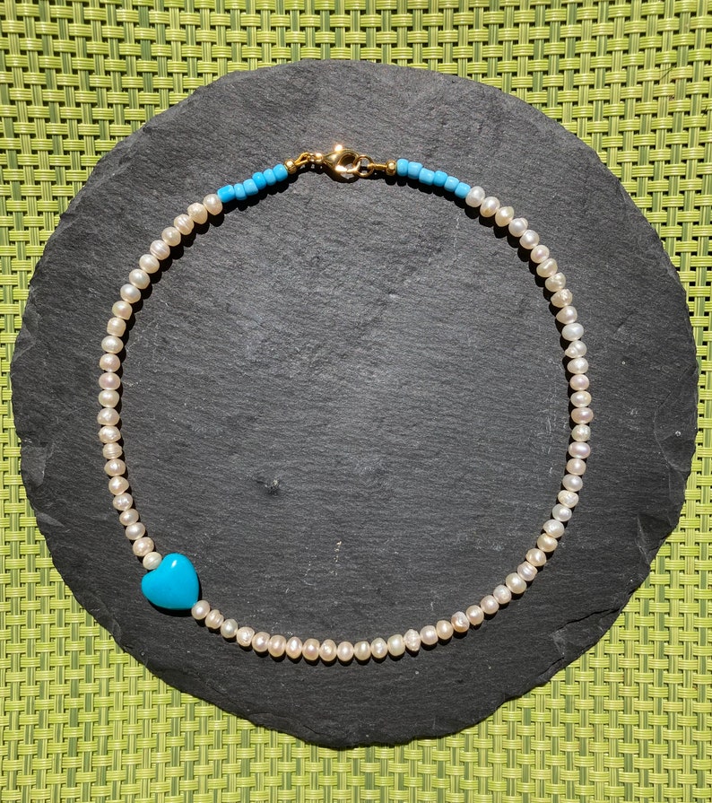 Freshwater pearl /'AGAPI/' necklace turquoise coloured stone heart colourful blue Miyuki glass beads VivinouJewellery Vivinou