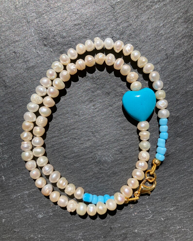 Freshwater pearl /'AGAPI/' necklace turquoise coloured stone heart colourful blue Miyuki glass beads VivinouJewellery Vivinou