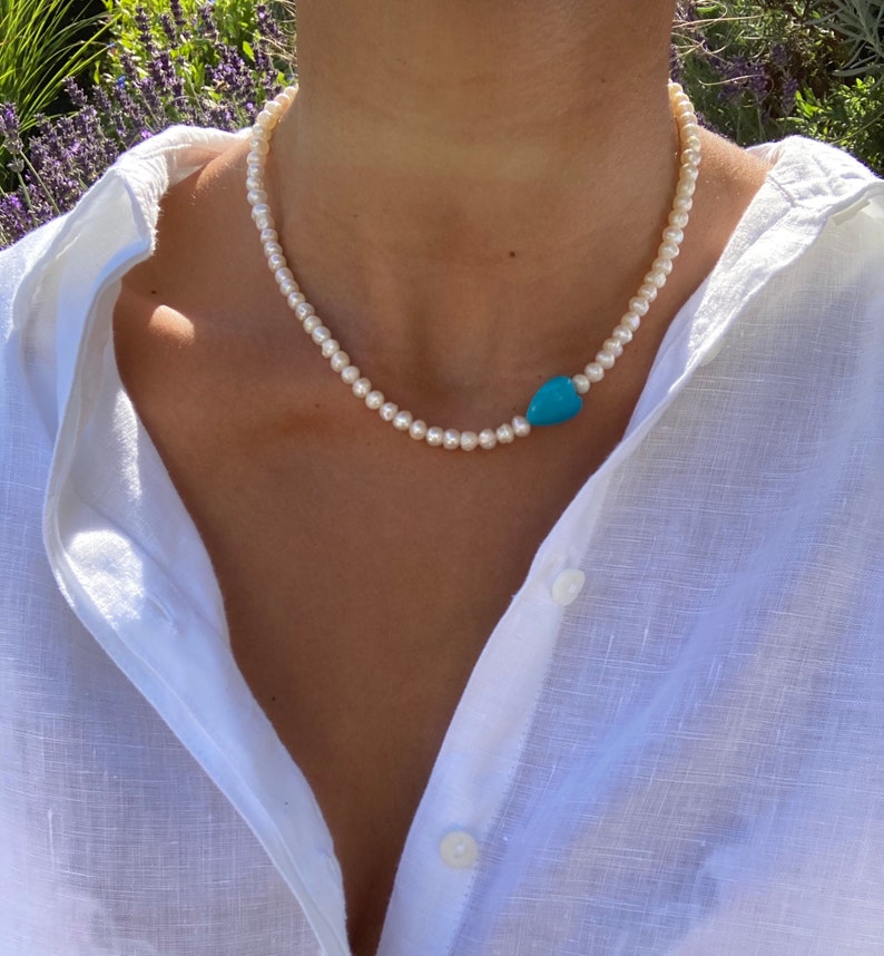 Freshwater pearl /'AGAPI/' necklace turquoise coloured stone heart colourful blue Miyuki glass beads VivinouJewellery Vivinou