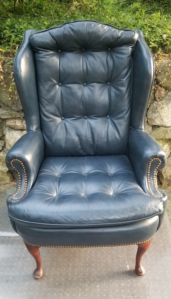 Vintage Queen Anne Style Blue Genuine Leather Tufted Wingback