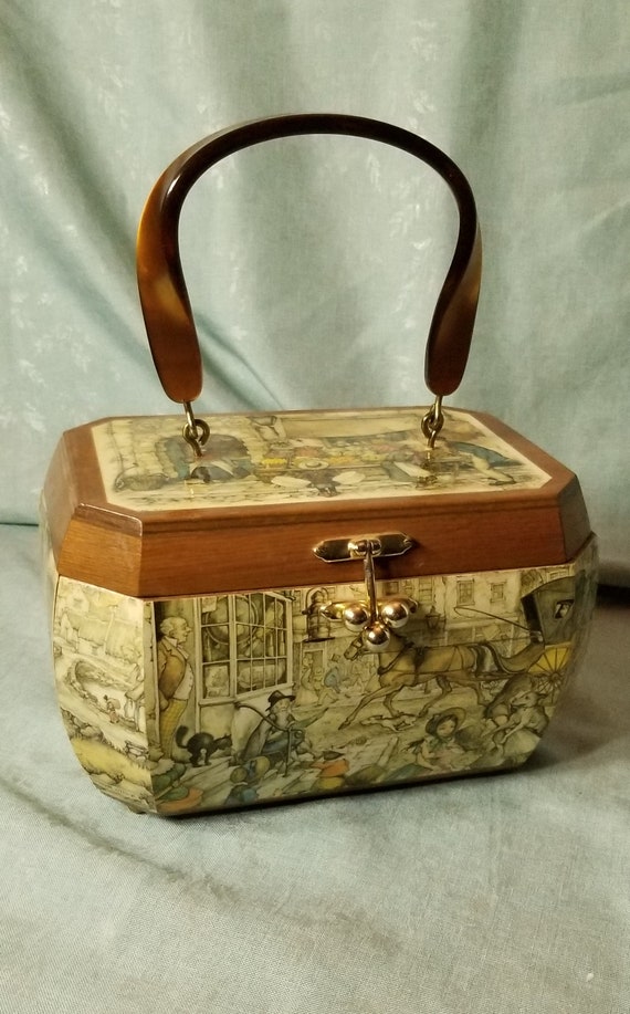 Vintage Wood Box Purse Decoupage Colonial Scene Lucite Handle Etsy