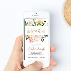 Blush Pink Floral Bridal Shower Invitation, Electronic Watercolor Flower Bridal Brunch Invite, Editable Bridal Shower Baby Shower Template