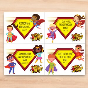 Versículos bíblicos de super-heróis para crianças, cartões de versículos bíblicos para impressão, cartões de versículos bíblicos fofos cristãos, cartões de super-heróis com versículos para memorização da escola dominical