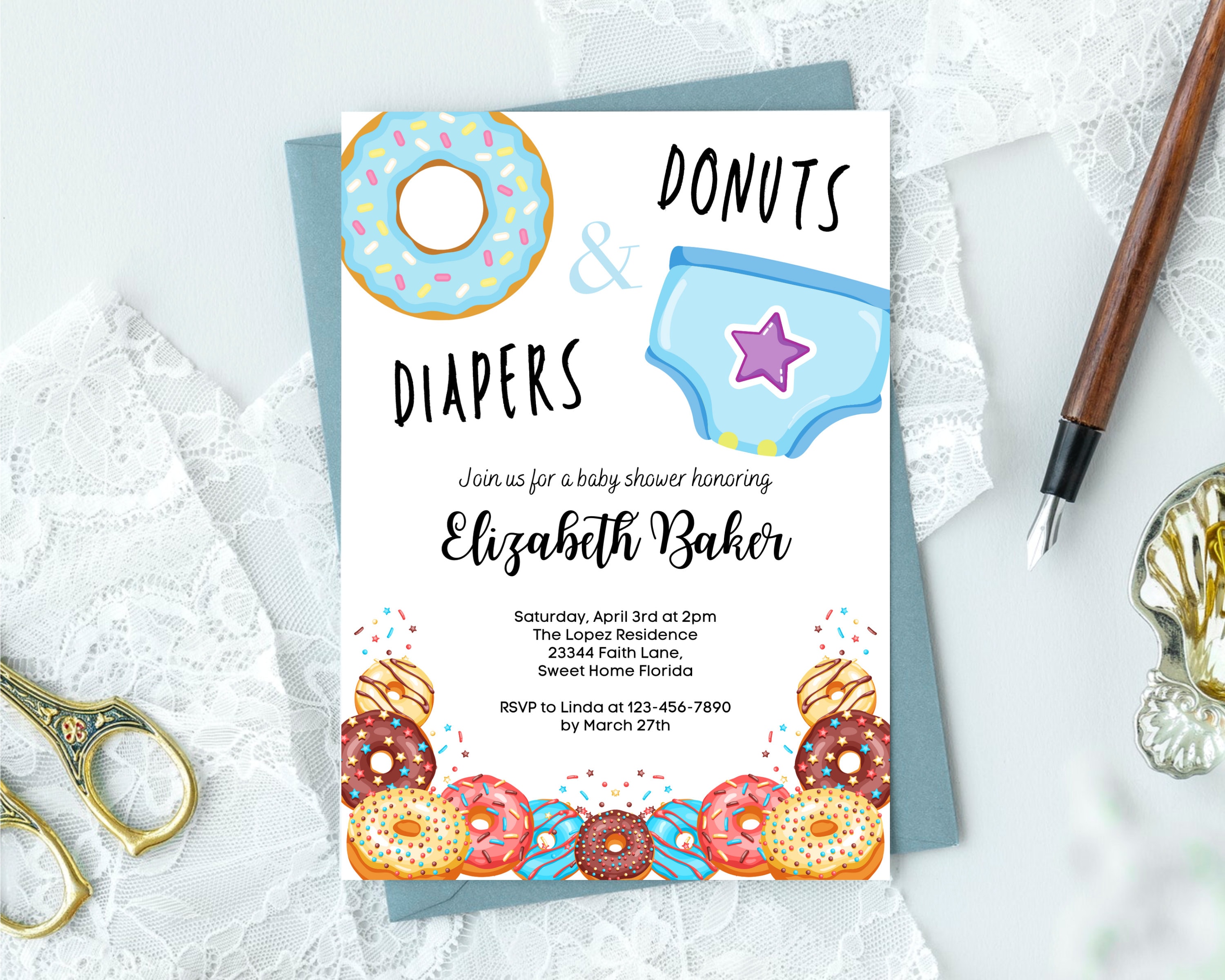 Donuts and Diapers Printable Invitation Baby Shower Invite Etsy