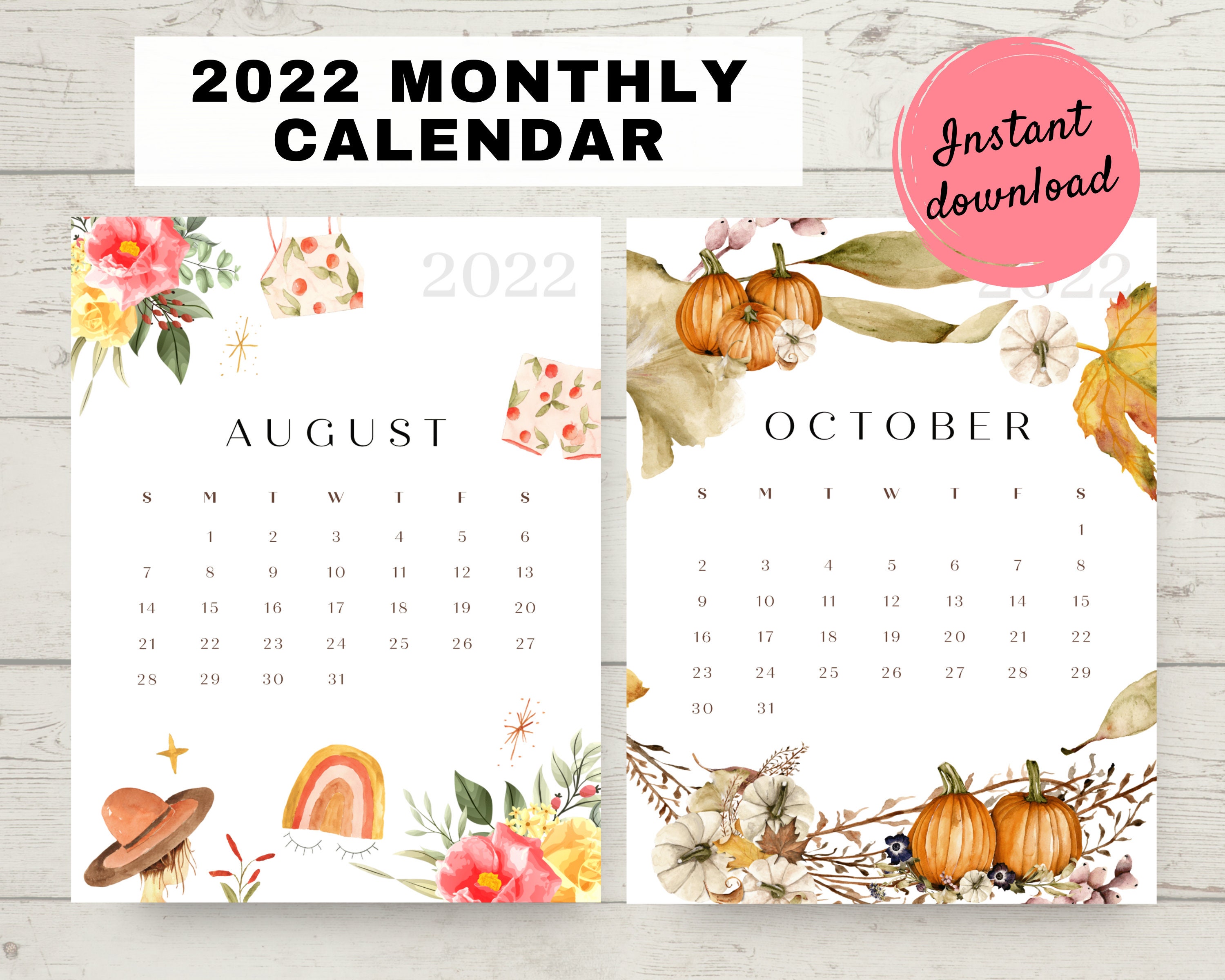 Printable 2022 Monthly Calendar Four Seasons 2021 Calendar - Etsy