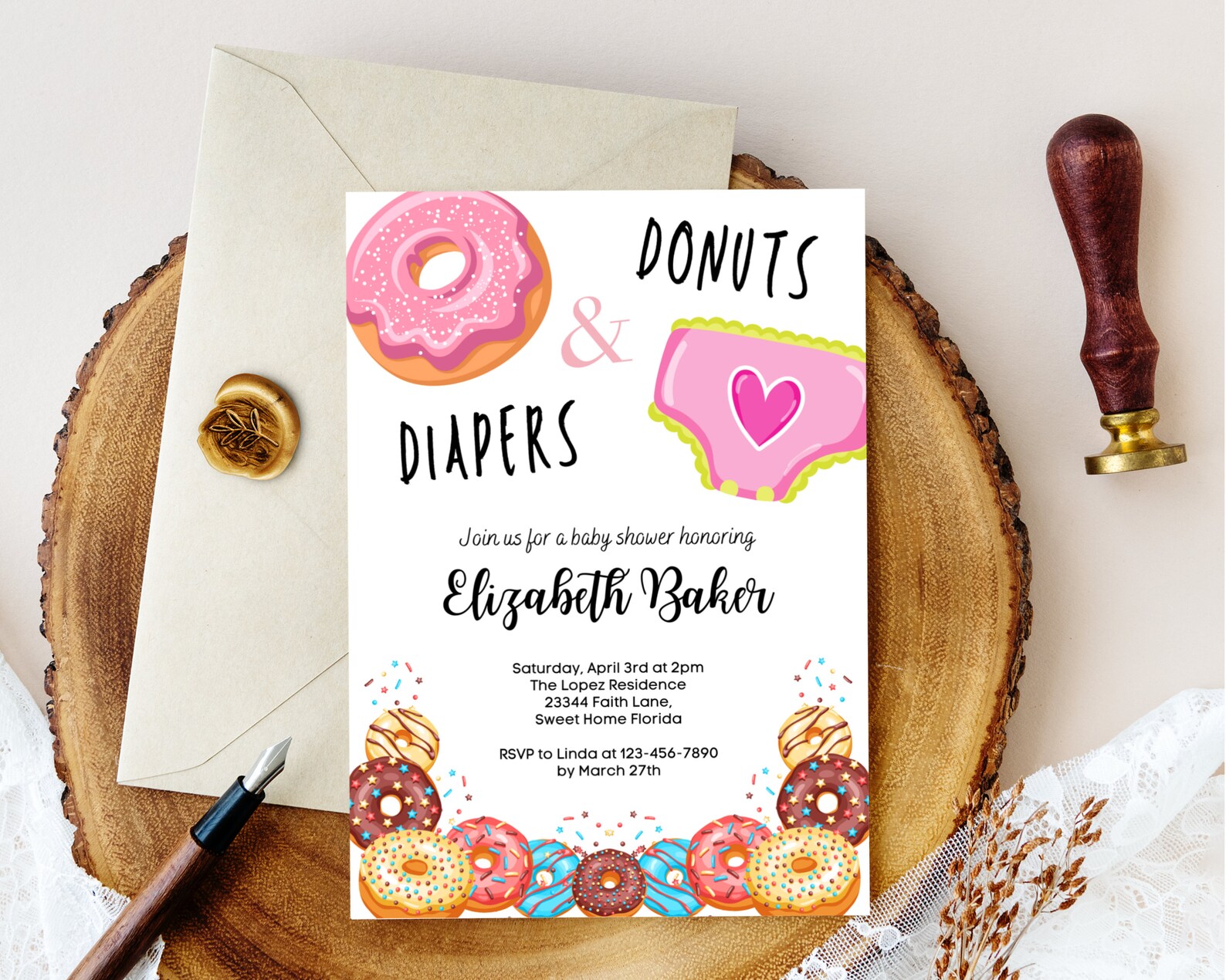 Donuts and Diapers Baby Shower Invitation BUNDLE, Editable Pink Donut ...