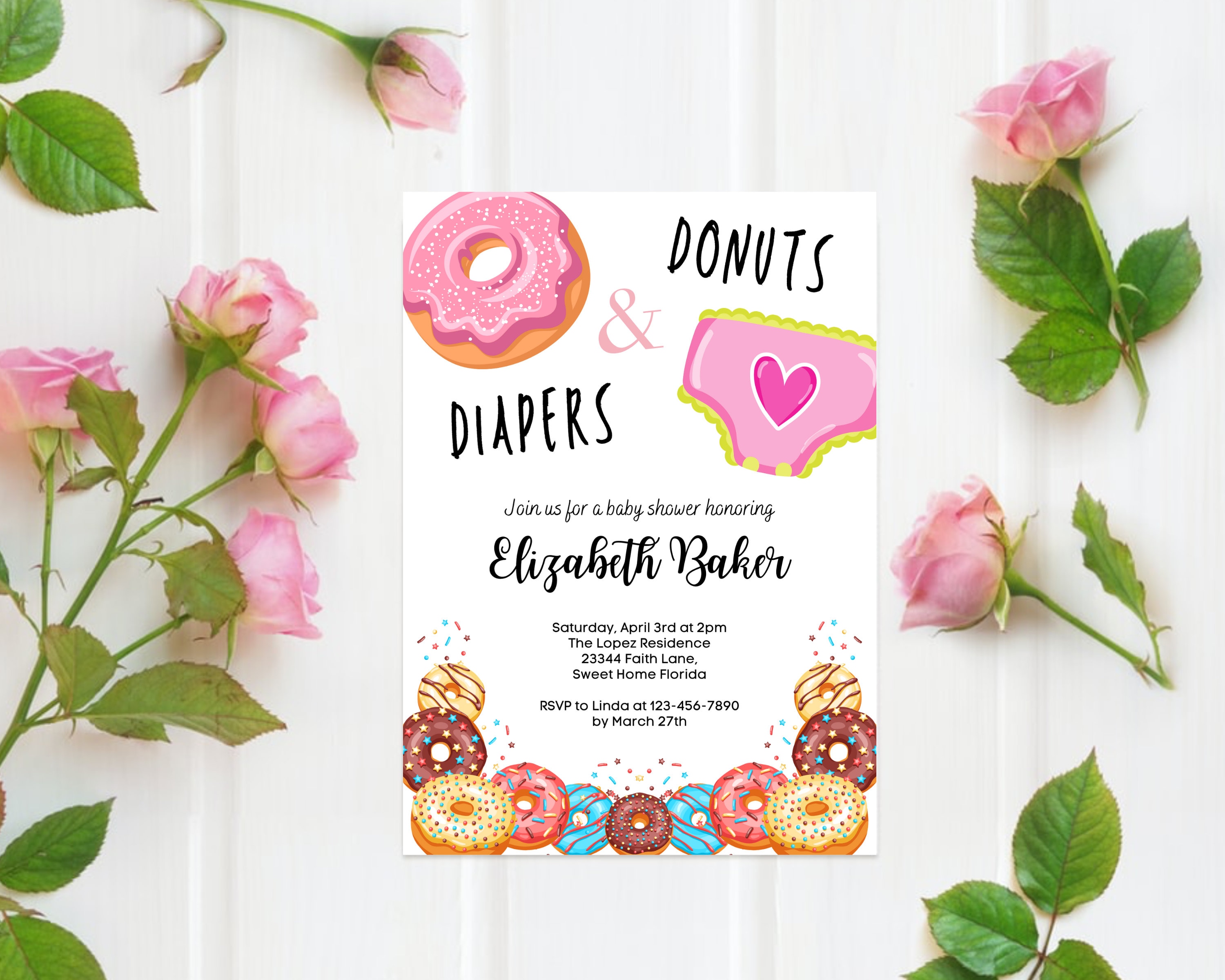 Donuts and Diapers Invitation Printable Girl Baby Shower | Etsy