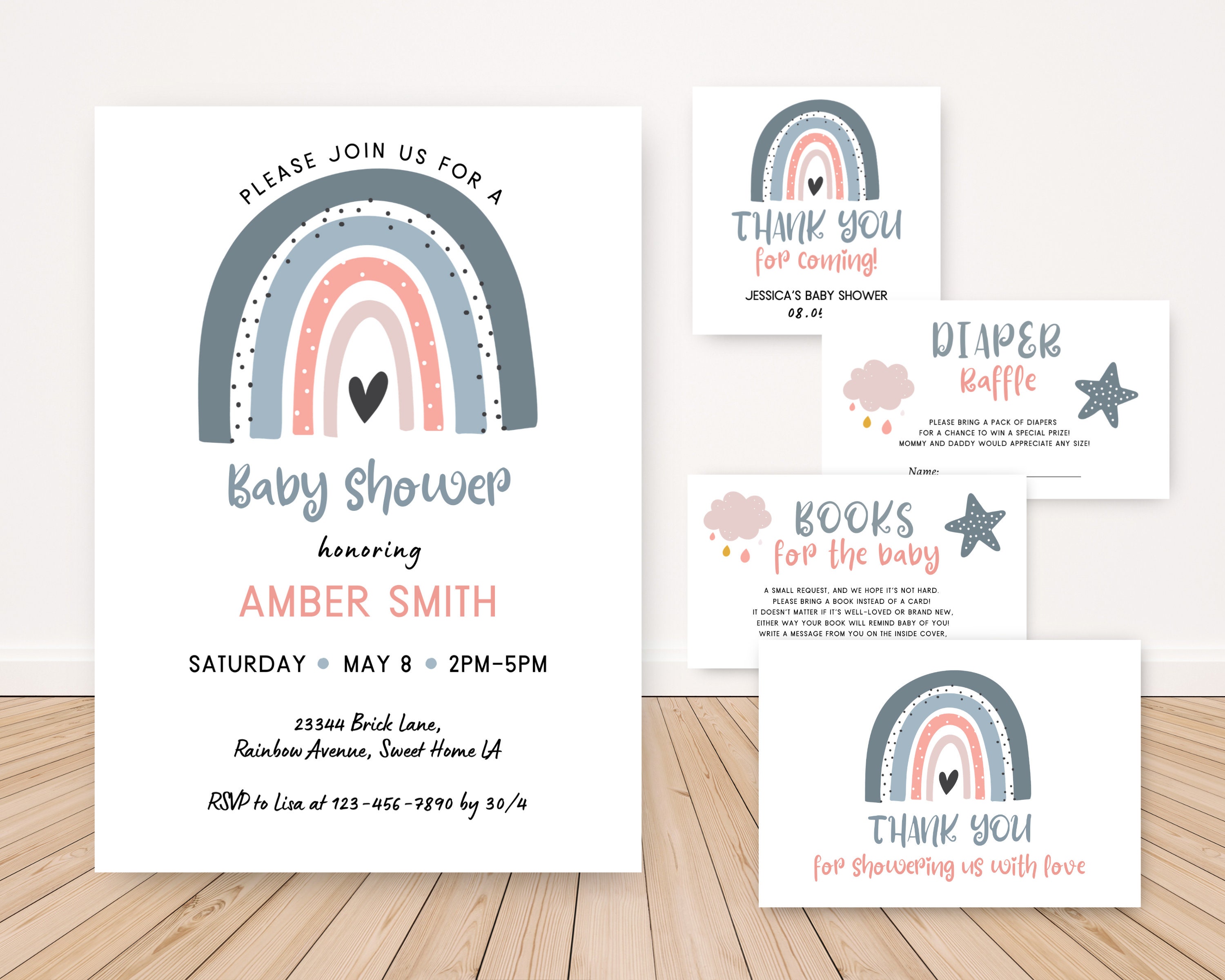 Rainbow Baby Shower Invitation BUNDLE Printable Blue Pastel - Etsy
