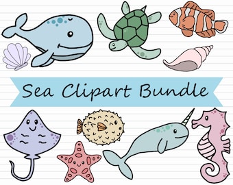 Sea Animal Clipart Bundle - Ocean Clip Art, Sea Creature PNG, Fish, Whale, Under the Sea Graphic, Cute Baby Animals, Kids, Commercial Use