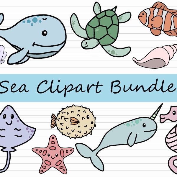 Sea Animal Clipart Bundle - Ocean Clip Art, Sea Creature PNG, Fish, Whale, Under the Sea Graphic, Cute Baby Animals, Kids, Commercial Use