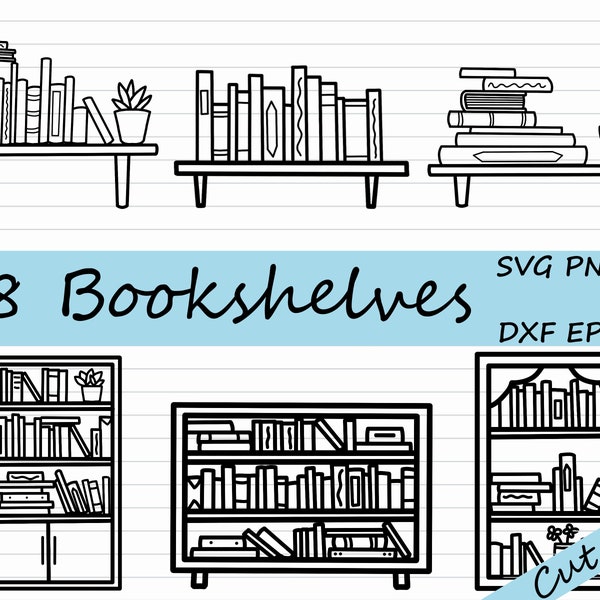 Bookshelf Clipart - Bookcase Clipart, Book SVG, Book Clipart, Book Stack SVG, Library, Reading PNG, Black and White, Commercial Use, Cricut