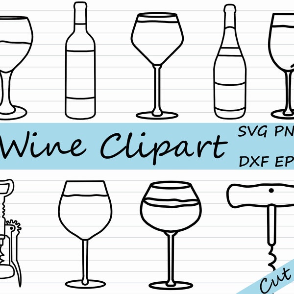 Wine Glass SVG - Wine Bottle SVG, Wine Lover Clipart, Wine Silhouette, Cricut, Wine Mom Cut File, Black and White, Wine Icon, Corkscrew, DXF