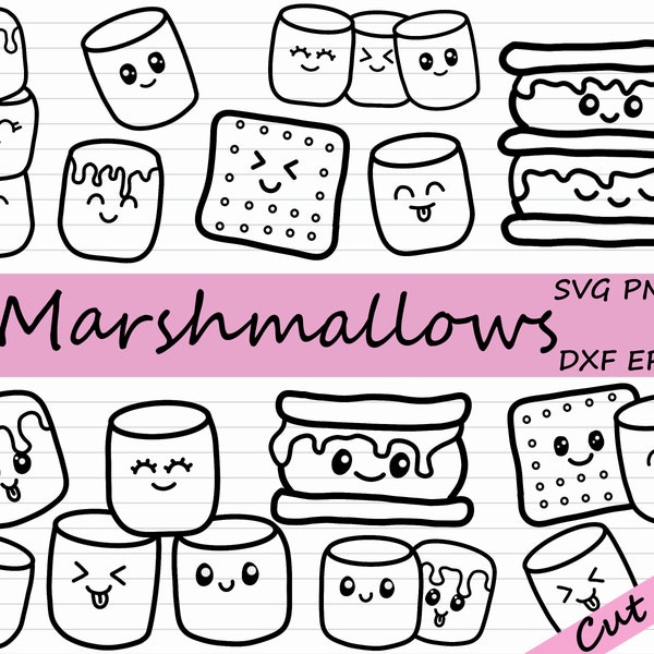 Marshmallow SVG - Smores Clipart, Smore SVG, Marshmallow Clipart, Black and White, Commercial Use, Kawaii Marshmallow Face SVG, Camping