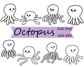 Cute Octopus Clipart - Kawaii Octopus Commercial Use  PNG, SVG, Digital Vector Cut File, Black and White Sea Animal Coloring Clip Art
