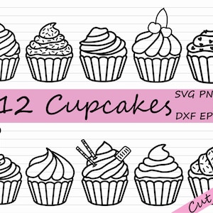 Black and White Cupcake SVG - Cupcakes Graphic, Cupcake Cricut Cut File, Cupcake Silhouette, Outline, DXF, EPS, Commercial Use, Cutting File